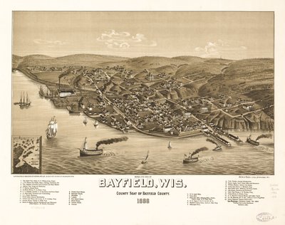 Pohled z ptačí perspektivy na Bayfield, Wis., okresní město Bayfield County 1886. LOC 75696703 od H. Wellge