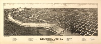 Pohled z ptačí perspektivy na Merrill, Wis., okresní město Lincoln Co. 1883. LOC 75696715 od H. Wellge
