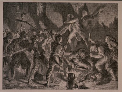 Masakr ve věznicích v září 1792, vyrytý Jean-Baptiste Charles Carbonneau (b.1815) od H. de la Charlerie