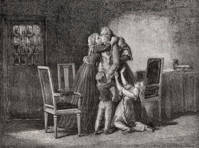 Poslední sbohem královské rodiny, 20. ledna 1793, vyryto Carbonneauem, z „Histoire de la Revolution Francaise“ od Louise Blanca (1811-82) od H. de la Charlerie
