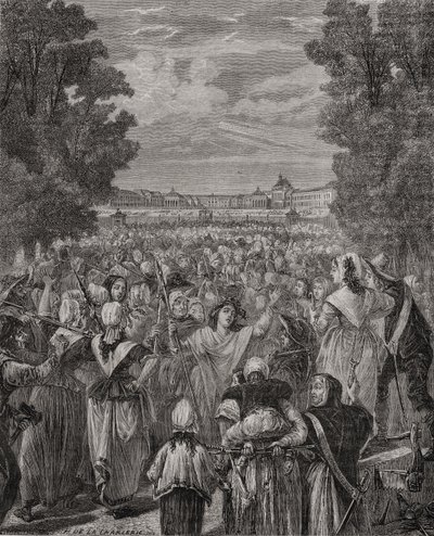 Pochod žen na Versailles, 5.-6. října 1789, vyrytý Pannemaker-Ligny, z „Histoire de la Revolution Francaise“ od Louise Blanca (1811-82) od H. de la Charlerie