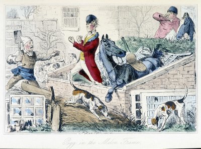 Boj mezi farmářem a lovcem. Anglická karikatura na honu na lišku z „dobrodružství Thomase Scotta nebo Hawbucka Grange“, ilustrace H.K. Browne a W. T. Maud. od Hablot Knight Browne
