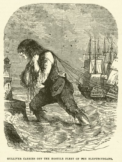 Gulliver unáší nepřátelskou flotilu Blefuscudiánů (rytina) od after Hablot Knight Browne