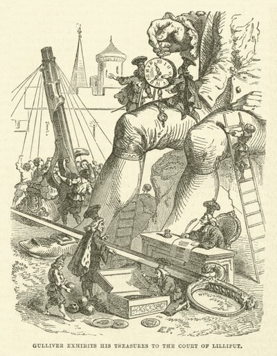 Gulliver vystavuje své poklady na dvoře Lilliput (rytina) od after Hablot Knight Browne