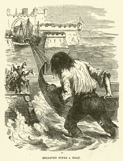 Gulliver najde loď (rytina) od after Hablot Knight Browne