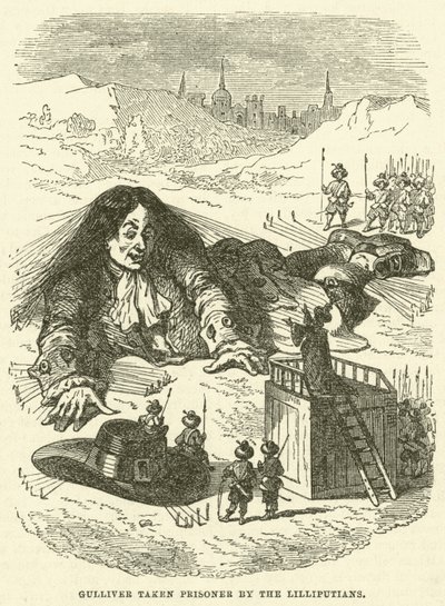 Gulliver zajatý Liliputány (rytina) od after Hablot Knight Browne