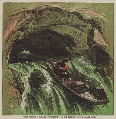 Peter Wilkins je unášen pod zemí proudem k Inland Lake (barevné lito) od after Hablot Knight Browne