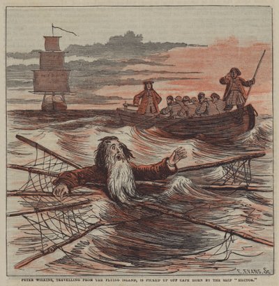 Peter Wilkins, cestující z létajícího ostrova, je vyzvednut u mysu Horn lodí "Hector" (barevná litho) od after Hablot Knight Browne