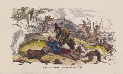 Robinson Crusoe zachraňuje Španěla (barevná rytina) od after Hablot Knight Browne