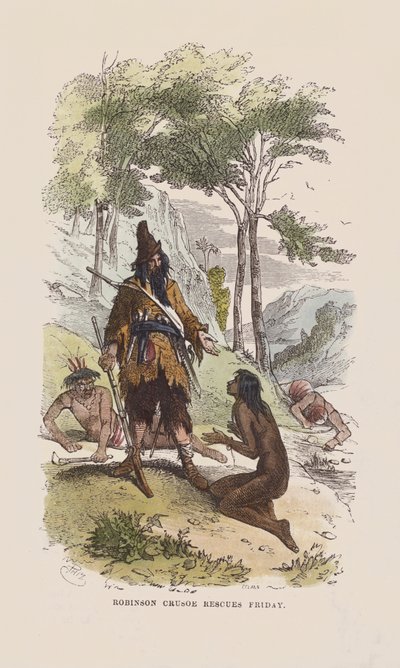 Robinson zachraňuje pátek (barevná rytina) od after Hablot Knight Browne