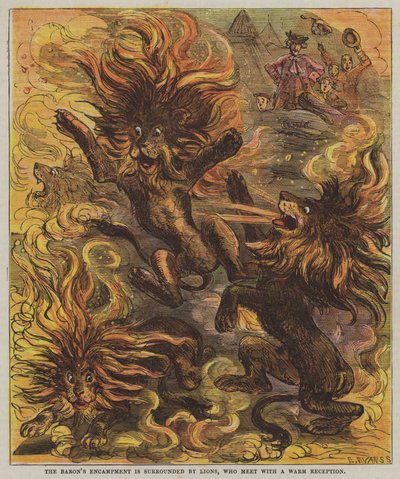 Baronův tábor je obklopen lvy, kteří se setkávají s vřelým přijetím (color litho) od after Hablot Knight Browne