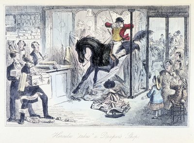 Lovec koní omylem vstoupil do obchodu s látkami. Anglický kreslený film o lovu vychází z „dobrodružství Thomase Scotta nebo Hawbucka Grange““ ilustrace H.K. Browne a W. T. Maud. od Hablot Knight Browne