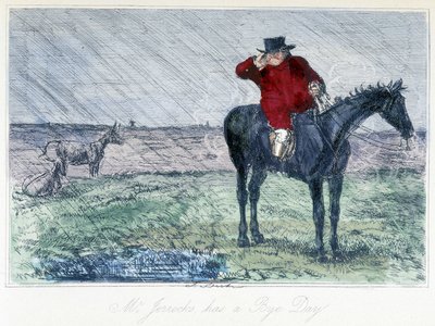 Scéna lovu koní za deštivého dne. Anglická karikatura na lovu lišek z „dobrodružství Thomase Scotta nebo Hauwbucka Grange“, ilustrace H.K. Browne a W. T. Maud. od Hablot Knight Browne