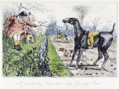 Scéna lovu na koni. Anglický kreslený film o lovu lišek z „“ dobrodružství Thomase Scotta nebo Hawbucka Grange“, ilustrace H.K. Browne a W. T. Maud. od Hablot Knight Browne