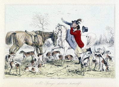 Pan Sponge prohlašuje sám sebe. Anglická karikatura na honu na lišku v „The Adventures of Thomas Scott“, ilustrace H.K. Browne a W. T. Maud od Hablot Knight Browne