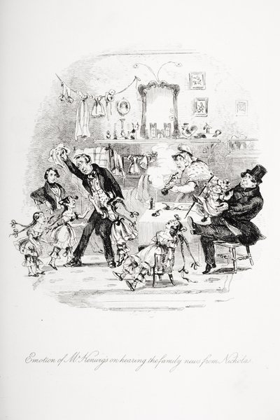 Emoce pana Kenwigse při vyslechnutí rodinných zpráv od Nicholase, ilustrace z „Nicholas Nickleby“ od Charlese Dickense (1812-70) vydaného v roce 1839 (viz také 259138) od Hablot Knight Browne