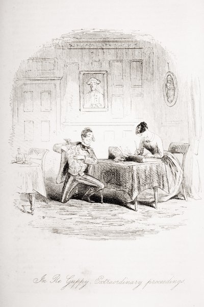 In Re Guppy. Mimořádné řízení, ilustrace z knihy "Bleak House" od Charlese Dickense (1812-70) vydané v roce 1853. od Hablot Knight Browne
