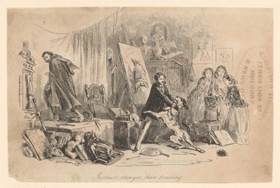 Henry Gowan ve svém ateliéru zadržuje svého psa, který právě poznal zločince Rigauda od Hablot Knight Browne