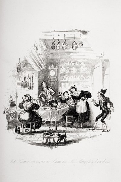 Job Trotter se setkává se Samem v kuchyni pana Muzzlea, ilustrace z „The Pickwick Papers“ od Charlese Dickense (1812-70) vydané v roce 1837 (viz také 259100) od Hablot Knight Browne