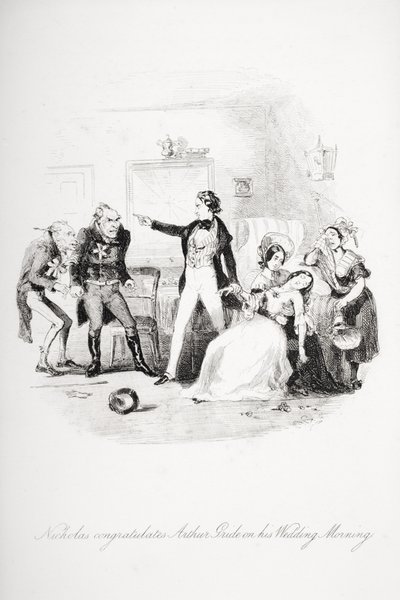 Nicholas blahopřeje Arthuru Grideovi k jeho svatebnímu ránu, ilustrace z „Nicholas Nickleby“ od Charlese Dickense (1812-70) publikovaná v roce 1839 (viz také 259152) od Hablot Knight Browne