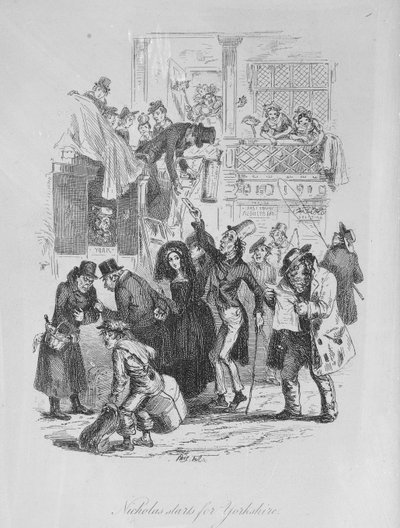 Nicholas začíná pro Yorkshire, ilustrace z „Nicholas Nickleby“ od Charlese Dickense (1812-70) vydaná 1839 (litho) od Hablot Knight Browne