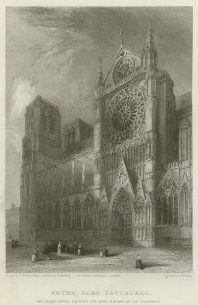 Katedrála Notre Dame, jižní průčelí, na kterém je vidět růžové okno transeptu od Hablot Knight Browne