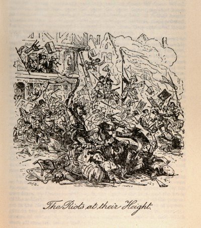 „Nepokoje na vrcholu“ z filmu „Barnaby Rudge“ od Charlese Dickense (1812-70) od Hablot Knight Browne