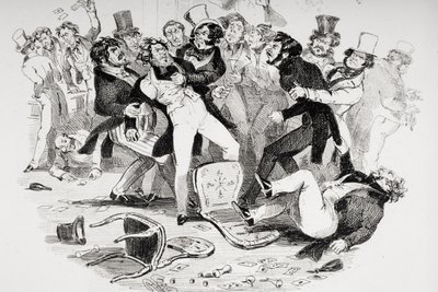 Poslední rvačka mezi sirem Mulberrym a jeho žákem, ilustrace z „Nicholas Nickleby“ od Charlese Dickense (1812-70) publikovaná v roce 1839 (litho) (viz také 249150) od Hablot Knight Browne