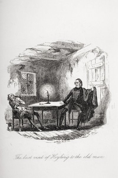Poslední návštěva Heylinga u starého muže, ilustrace z „The Pickwick Papers“ od Charlese Dickense (1812-70) vydané v roce 1837 od Hablot Knight Browne