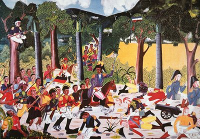 Haiťané pod vedením Jeana Jacquese Dessalinese porazili Napoleonova vojska (olej na plátně) od Haitian School