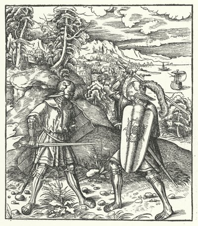 Arcivévoda Maxmilián Rakouský ve zbroji a s mečem v ruce (rytina) od Hans (after) Burgkmair