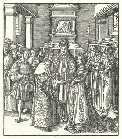 Papež Nicholas V předsedající sňatku císaře Svaté říše římské Fridricha III. a Eleonory Portugalské v Římě od Hans (after) Burgkmair