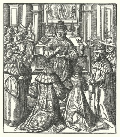 Císař Svaté říše římské Fridrich III. a císařovna Eleonora přijímající svaté přijímání od papeže (rytina) od Hans (after) Burgkmair