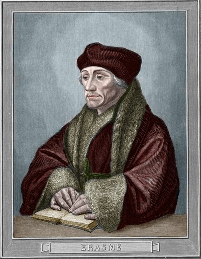 Portrét Didiera Erasma (Erasma Rotterdamského) (1469 - 1536), holandského humanisty. Rytina podle originálu Holbein Hans the Young (1497-1543). Rytina z roku 1859 v „“ galeriích Evropy – Itálie „“ od armengauda. Soukromá sbírka. od Hans (after) Holbein the Younger