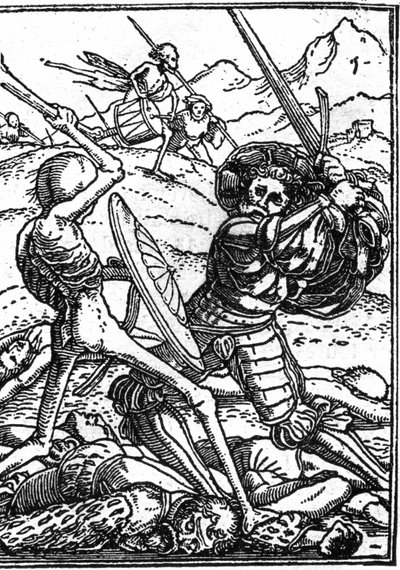 Falešná smrt Hanse Holbeina Mladého (1497-1543): vojáka. Voják bojuje se Smrtí; u jejich nohou leží těla ostatních válečníků. Rytina. od Hans (after) Holbein the Younger