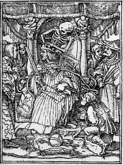 Simulakony smrti Hanse Holbeina Mladého (1497-1543): císaře. Zatímco Smrt sebere korunu císaře, rolník ho prosí o spravedlnost. Rytina. od Hans (after) Holbein the Younger