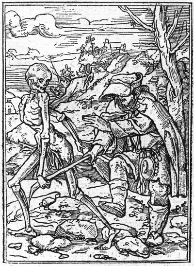 Simulacony smrti Hanse Holbeina mladšího (1497-1543): slepý. Smrt popadne hůl nevidomého a funguje jako průvodce. Rytina. od Hans (after) Holbein the Younger