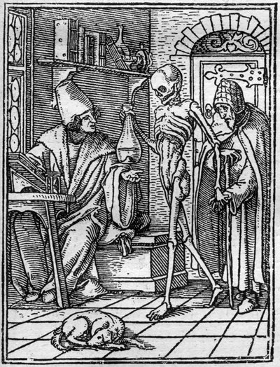 Simulakony smrti Hanse Holbeina mladšího (1497-1543): lékaře. Smrt přichází mezi lékaře a jeho pacienta. Rytina. od Hans (after) Holbein the Younger