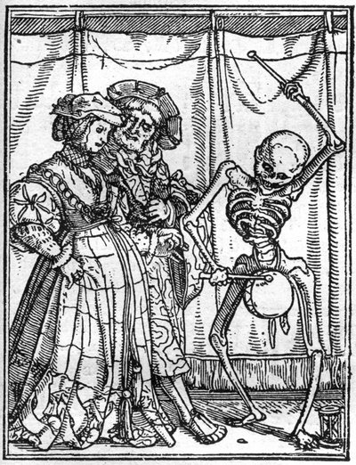 Simulacony smrti Hanse Holbeina mladšího (1497-1543): manželé. Smrt hraje na buben před párem. Rytina. od Hans (after) Holbein the Younger