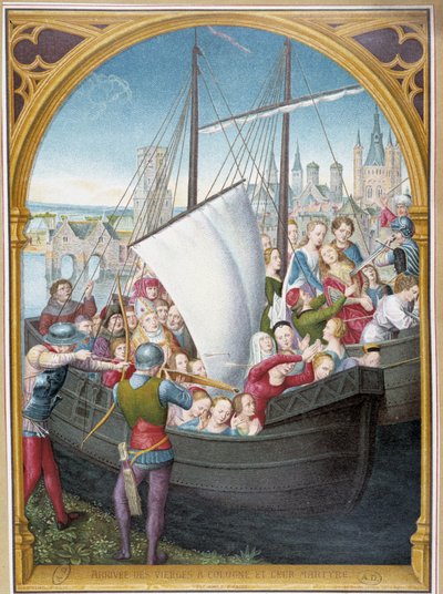 Vylodění panen v Kolíně nad Rýnem a jejich mučednická smrt, od p. šachy Svaté Uršuly, Bruggy, od Memlinga od Hans (after) Memling