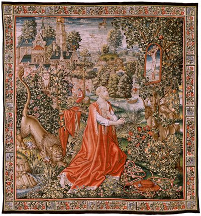 Vlámský gobelín. Kajícník svatý Jeronýma, nebo svatého Jana. Jeronýma v poušti (sv. Jeroným Věznice, nebo sv. Jeroným v poušti). Modely Cartoon připisované okruhu Hanse Memlinga (asi 1433-1493) nebo Gerarda Davida (asi 1450-1523). Výrobce neznámý Weaver, od Hans (school of) Memling
