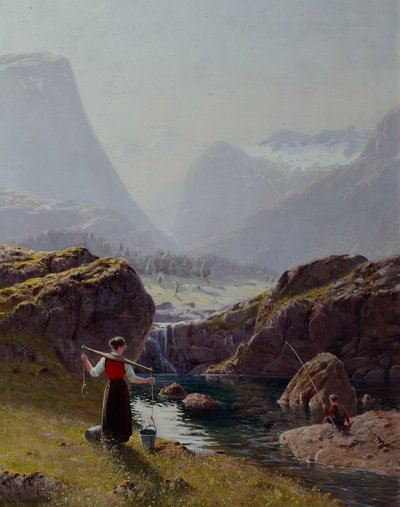 Dívka s kbelíky vody a chlapec rybaření (olej na plátně) od Hans Andreas Dahl