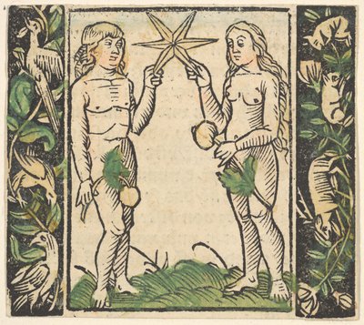 Adam a Eva drží hvězdu, ilustrace z Decided Gart des Rosary Mariae. od Hans Baldung