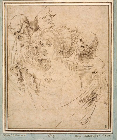 "" La mort representee avec sept tetes "" (Smrt mezi sedmi hlavami) Dessin de Hans Baldung (Baldung Grien) (1484-1545) vers 1515 Collection privee od Hans Baldung Grien