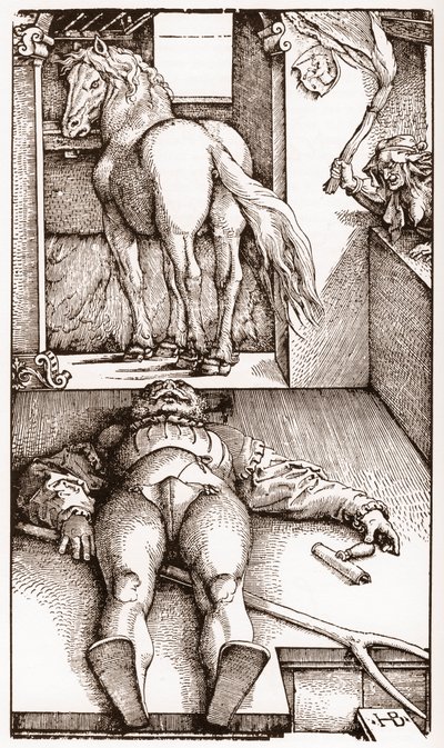 Očarovaný palefrenier - (Spící ženich a čarodějka) dřevorytina Hanse Baldunga Griena (1485-1544) kolem roku 1544 - od Hans Baldung Grien