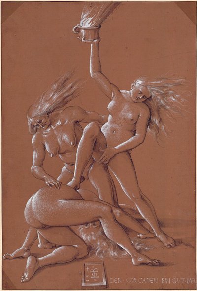 Novoroční pozdrav se třemi čarodějnicemi - kresba Hanse Baldunga (1484-1545) inkoust a bílá křída na papíře od Hans Baldung Grien