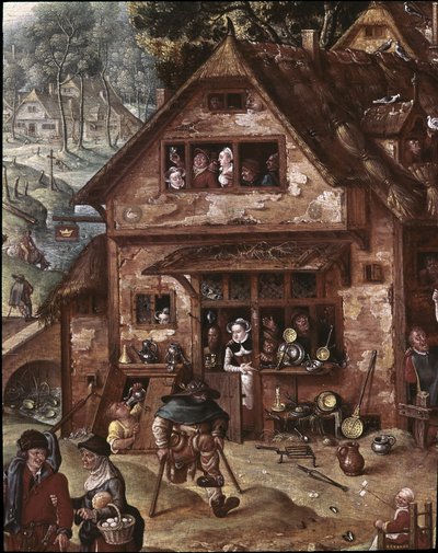 Pohled na vesnici s burleskními scénami. Detail hospody od Hans Bol