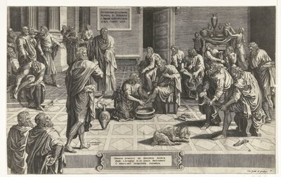 Christ wast de voeten van de discipelen Pán všech se klaní na kolena, aby umyl nohy svým služebníkům, příklad jedinečné pokory (titul na předmětu) od Hans Collaert (I) (attributed to)