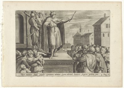 Rechabeam antwoordt het volk Geschiedenis van Jeroboam en Rechabeam (název série) Pokladnice posvátných dějin Starého zákona (...) (název série) od Hans Collaert (I) (attributed to)