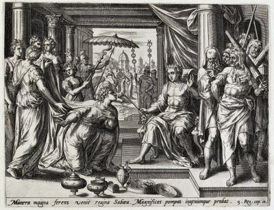 Salomo ontangt de koningin van Seba Geschiedenis van Salomo (název série) Historie krále Šalamouna (...) (název série) Poklad posvátné historie starého zákona, vybraný s nejznamenitějšími obrazy vyjádřenými v tomto umění od Hans Collaert (I) (attributed to)